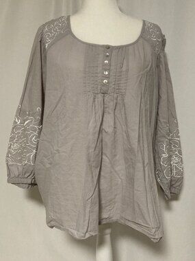 Daniel Rainn Floral Embroidered Tunic Blouse Gray 3/4 Sleeve Cotton XL